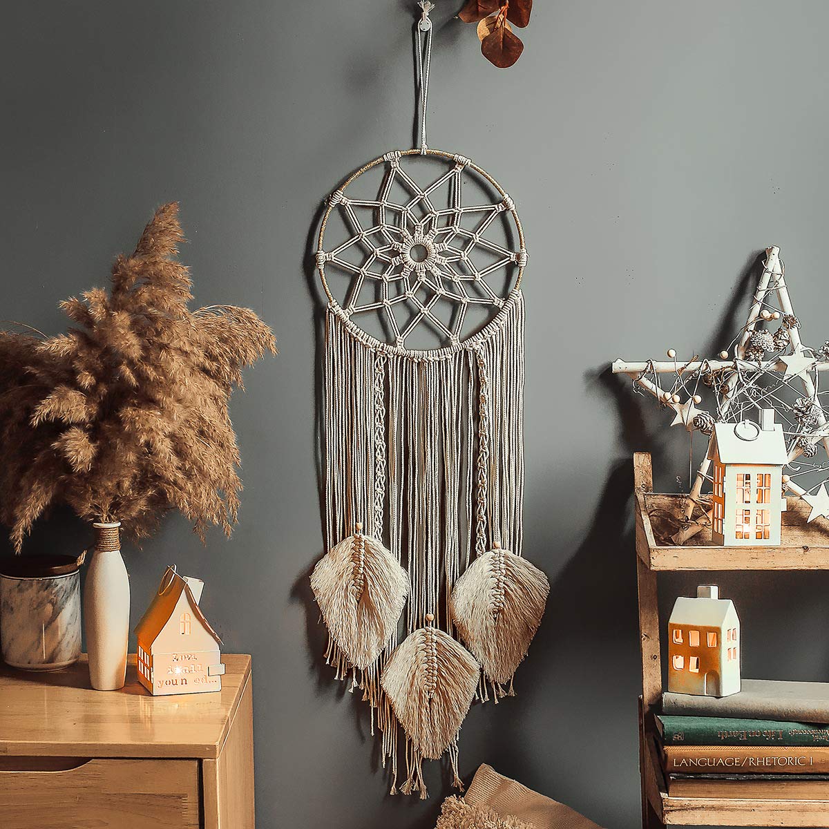 Boho Dream Catcher, Macrame Dream Catcher Handmade Wall Hanging Bohemian Decoration for Bedroom Living Room Wedding Baby Shower Home Decor Girls Children Gift 3 Sheets Mandala