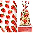 WILLBOND 100 Pieces Strawberry Party Bags Strawberry Cellophane Treat Bags Favors Plastic Candy Goodies Bags with 100 Pieces Twist Ties for Strawberry Themed Birthday Party Decorations