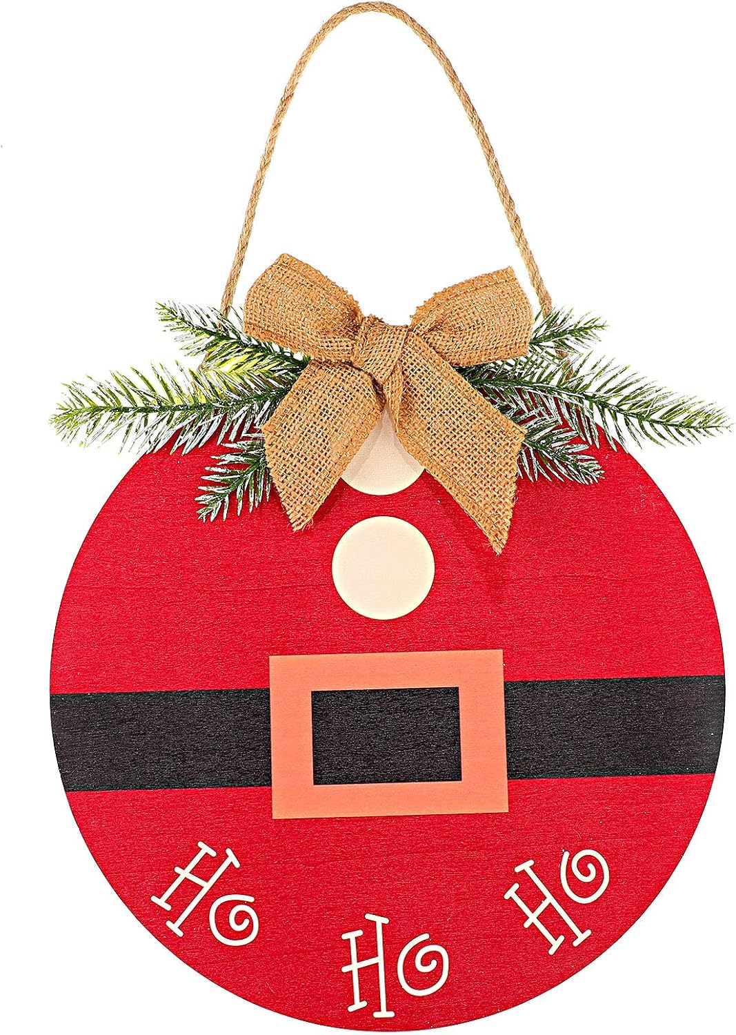 1 Piece Front Door Round Wood Christmas Hanging Sign Christmas Front Door Decorations Rustic Burlap Wooden Holiday Decor with Decorative Bow and Branch for Christmas Holiday Front Door Wall Porch