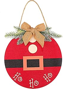 1 Piece Front Door Round Wood Christmas Hanging Sign Christmas Front Door Decorations Rustic Burlap Wooden Holiday Decor with Decorative Bow and Branch for Christmas Holiday Front Door Wall Porch