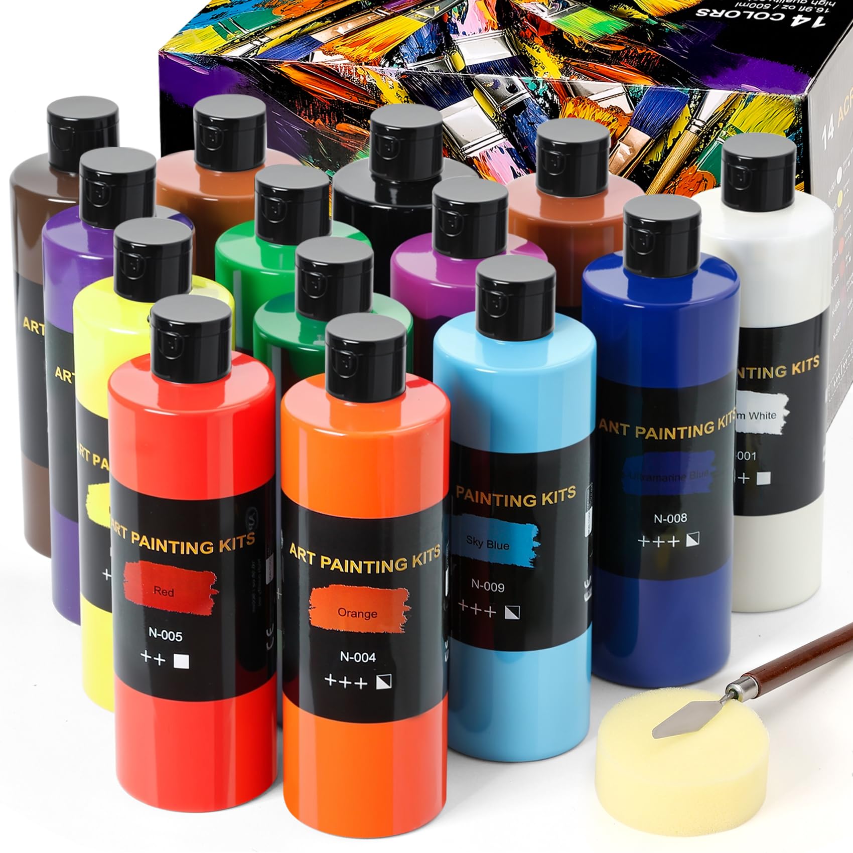 Color More 14 Colors Acrylic Paint Set (500 ml/16.9 oz Large Bottles), Non-Toxic for Kids & Adults, Acrylic Paint Bulk on Wood, Glass, Ceramic, Art Painting Supplies with Palette Knifee & Art Sponge Image