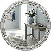 Pocetry 30 Inch Round Farmhouse Mirror for Bathroom Vanity, Distressed Grey Solid Wood Wall Mirror - Rustic Weathered Gray Be