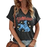 Cowboy Shirts for Women V Neck Vintage Rodeo T Shirt Western Tee Tops | Western Fashion Graphic Tee Cowgirl Shirts Country music summer short sleeve tops wild printed loose fit casual tshirt