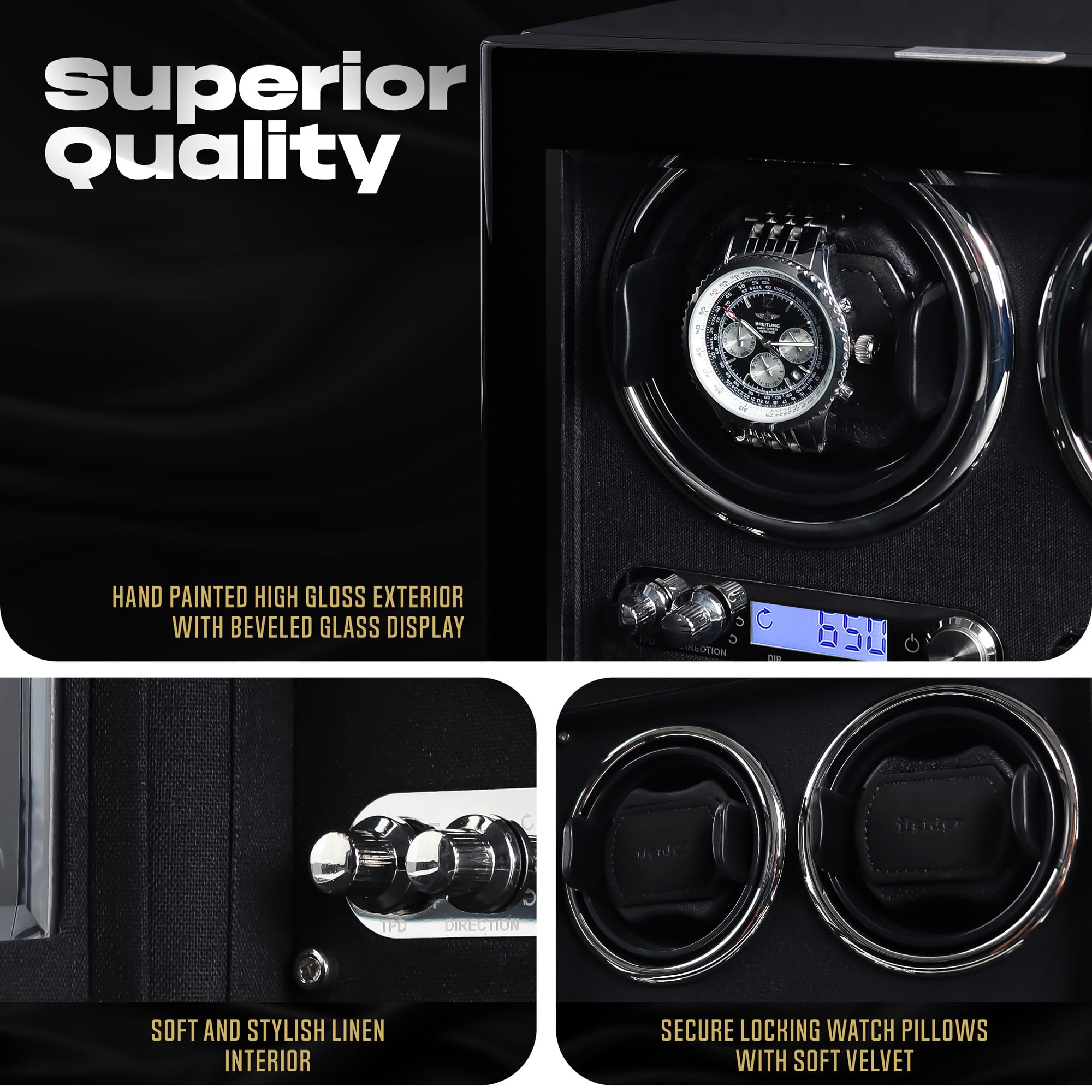 Heiden Quad Watch Winder - Direct Drive Brushless Motor, LCD Digital Controls - Zero Magnetization, 100+ Setting Combination, Ultra Quiet Nova 4 Watch Winder for Automatic Watches Such as Rolex