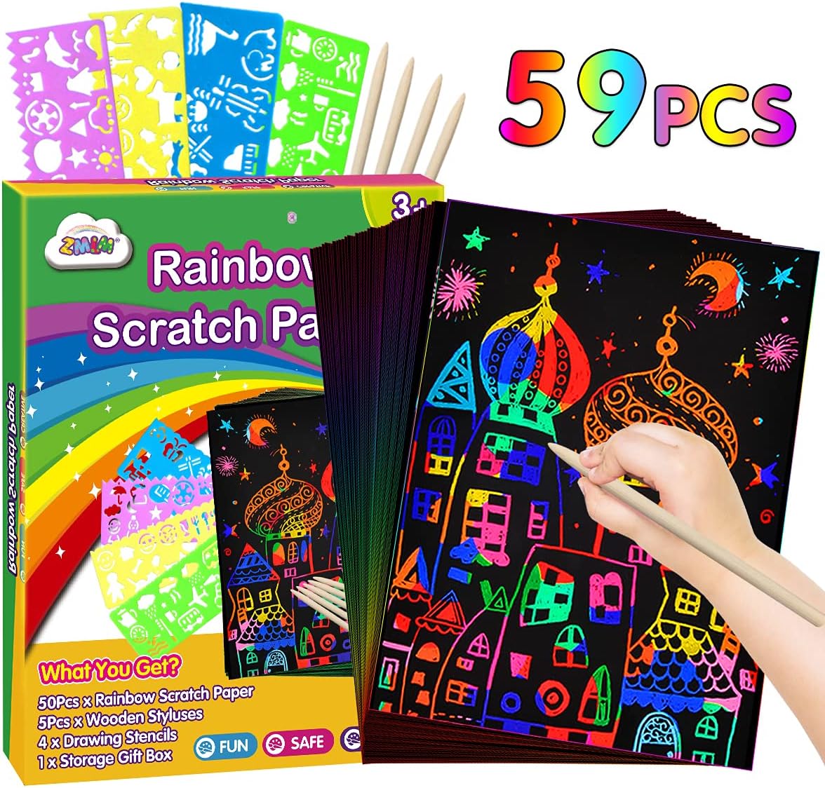 ZMLM Scratch Paper Art Set: 59Pcs Magic Drawing Art Craft Kid Black Scratch off Paper Supply Kit Toddler Preschool Learning Bulk Toy for Age 3 4 5 6 7 8 9 10 Girl Boy Holiday|Party Favor|Birthday Gift: Toys & Games