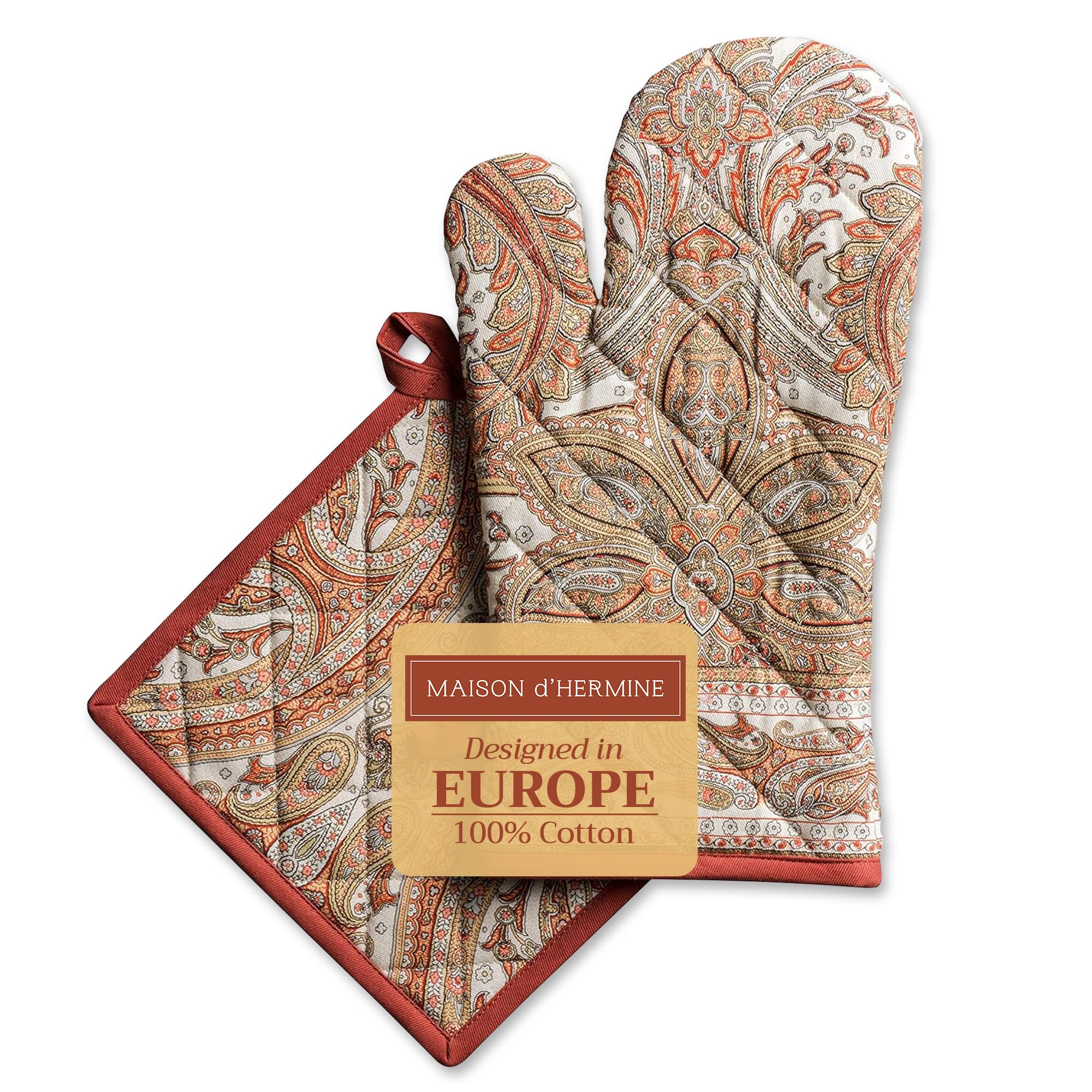 Maison d' Hermine 100% Cotton Oven Mitt & Pot Holder Set (19 x 33 cm & 20 x 20 cm) Heat Resistant BBQ Cooking Gloves with Loop for Christmas Decorations Baking Handling Hot Pans (Kashmir Paisley)