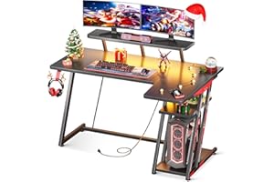 MOTPK L Shaped Gaming Desk with LED Lights, Corner Gaming Computer Desk 47inch with Power Outlets, Gaming Table with PC Storage Shelf, Gamer Desk with Monitor Shelf, Carbon Fiber Texture, Black