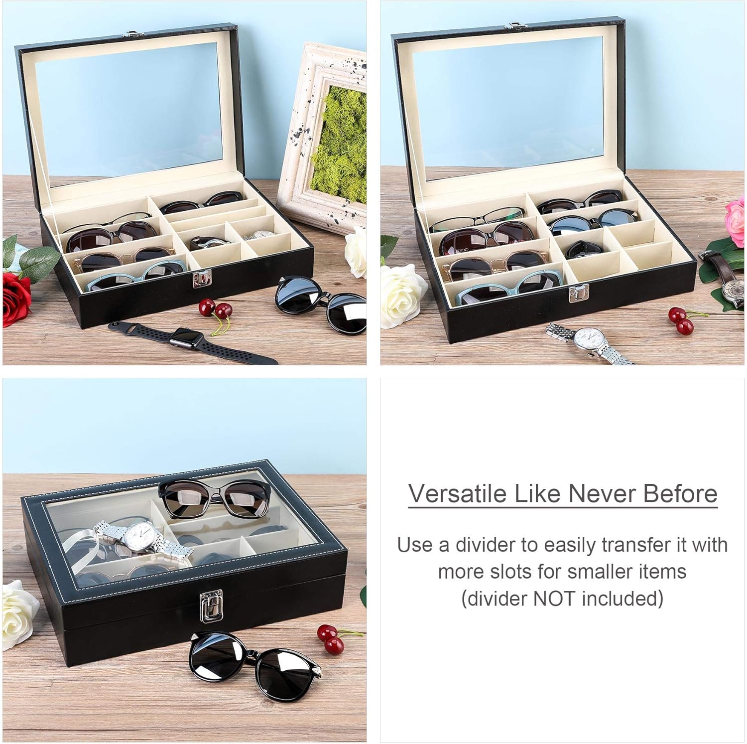 CO-Z Leather Multi Sunglasses Organizer for Women Men, Eyeglasses Eyewear Display Case, Jewelry Watch Organizer, Sunglasses Jewelry Collection Case, Sunglass Glasses Storage Holder Box with 8 Slots: Home & Kitchen