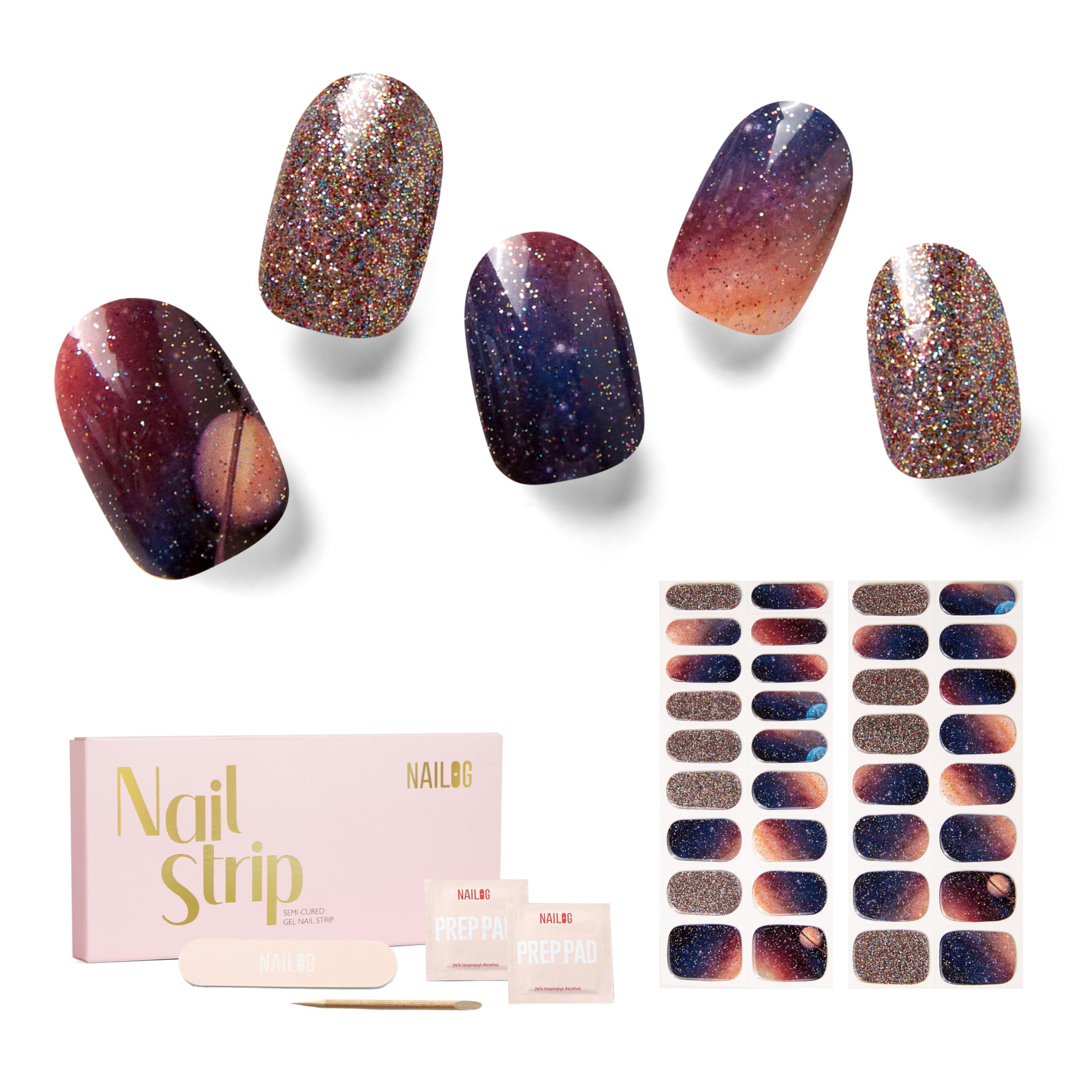 NAILOG Semi Cured Gel Nail Strips 34 pcs| Buy 2 Get 1 UV Lamp | Long Lasting Nail Polish Sticker Wraps with Glossy Gel Finish, Milky Way — image 1