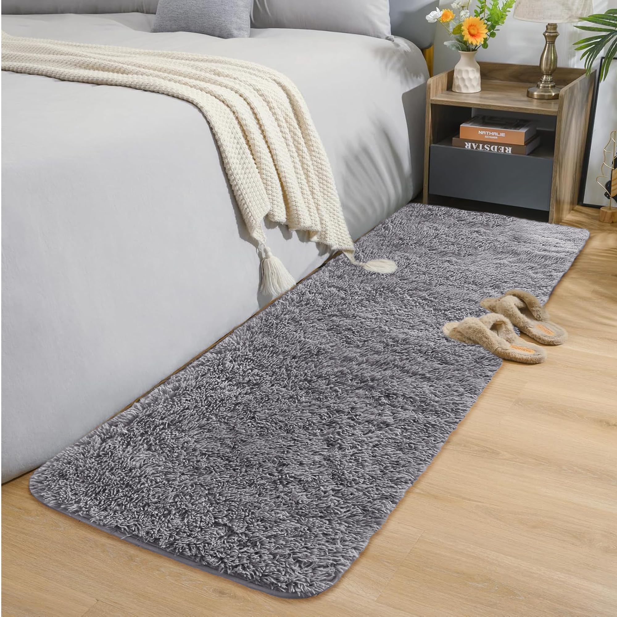 Oxford Homeware Rugs Living Room Fluffy Grey Area Rugs for Bedroom, Hallway Runner Rug 60 x 220 cm Non Slip – Modern Soft Bedside Rug Washable Floor Carpets