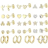 KesaPlan Stud Earrings for Women 14K Gold Plated Hypoallergenic Hoop Earrings Set Small Studs Hoop Huggie Earring Multiple Piercing Star Heart Ball Cubic Zirconia Studs Stacks Trendy for Women Men
