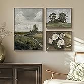 3 Piece Framed Vintage Canvas Wall Art Set, Large Green Floral and Tree Landscape Farmhouse Painting Print, French Country Re