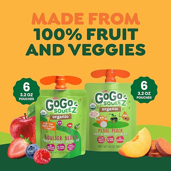GOGO SQUEEZ NO SUGAR ADDED ORGANIC FRUIT & VEGGIEZ APPLESAUCE AND PUREE VARIETY PACK, PEDAL PEACH AND BOULDER BERRY, 3.2 OZ POUCHES (PACK OF 12), FRUIT SNACKS FOR KIDS, GLUTEN FREE, NUT FREE, RECLOSEABLE CAP, BPA FREE