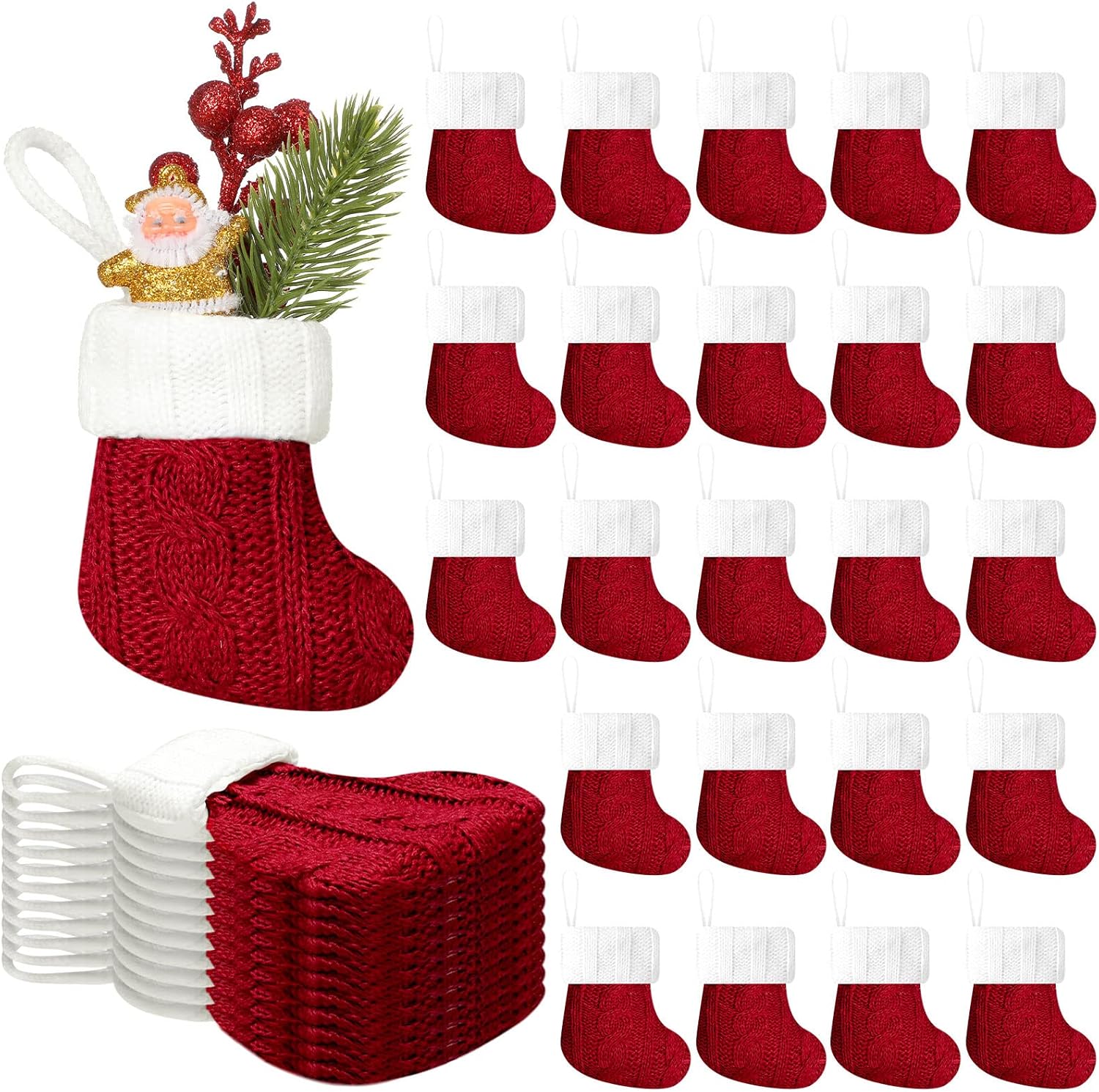 Stockings & Holders - 24 Pcs Christmas Mini Stockings Red Cable Knit Xmas Rustic Stocking Mini Stockings Christmas Bulk Little Holiday Hanging Decorations Christmas Tree Ornaments for Fireplace Mantel Tree Party Decor