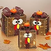 [Timer & 8 Modes]３Pack Thanksgiving Decorations Turkey Lighted Gift Boxes with 3D Pumpkin 60 LED Lights Glitter Tinsel Battery Operated Thanksgiving Outdoor Light Up Present Boxes for Home Yard Decor