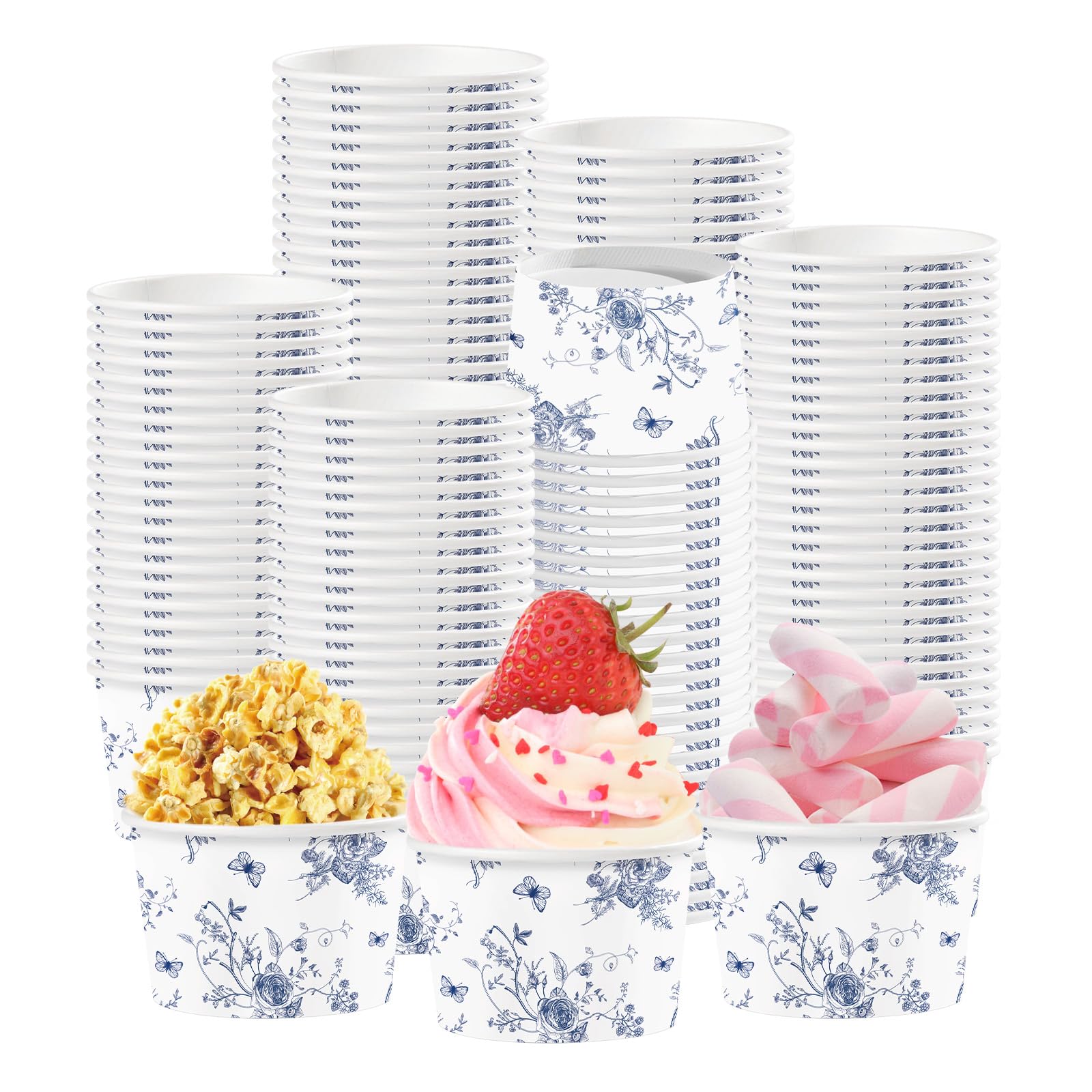 Photo 1 of 120Pcs Blue Floral Ice Cream Cups 12 Oz Disposable Blue and White Floral Paper Dessert Snack Bowls Fancy Flower Food Yogurt Containers for Food Soup Candies Bridal Shower Wedding Tea Party Decorations