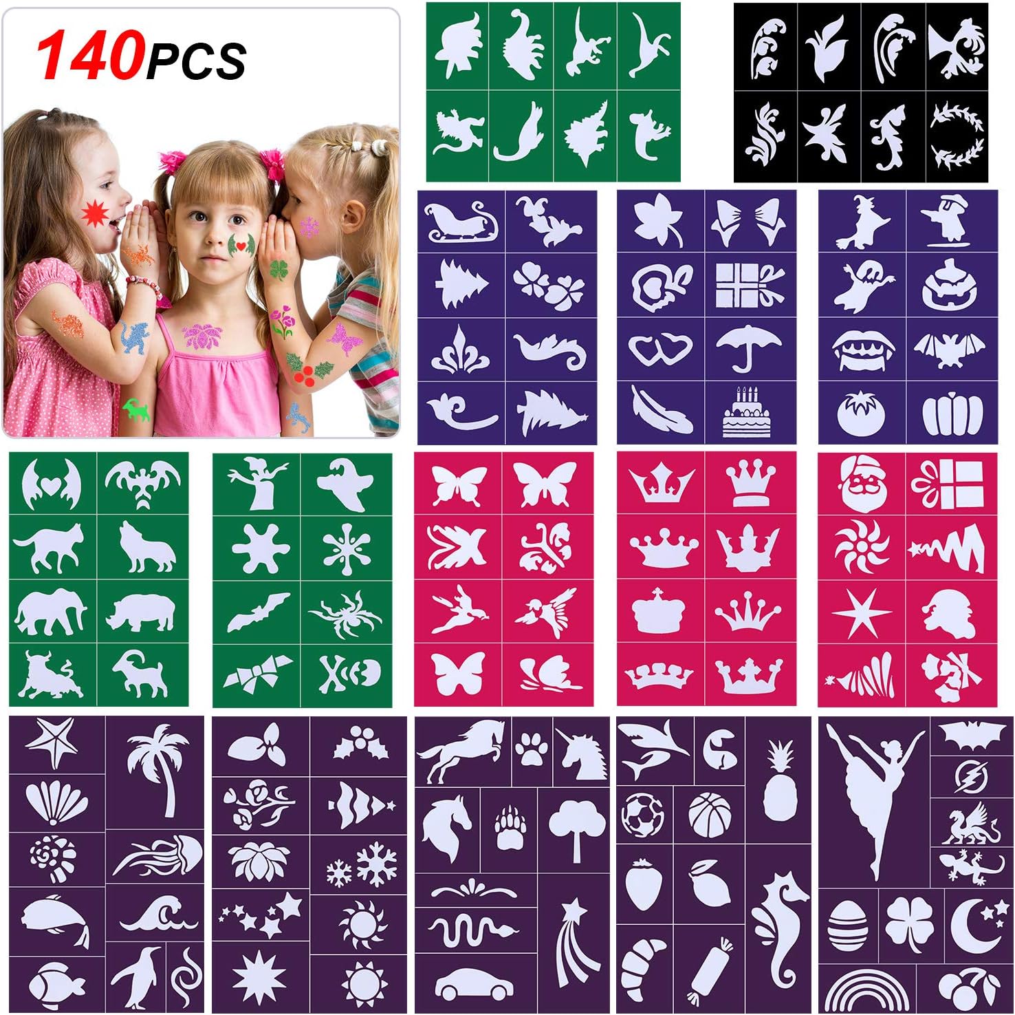 HOWAF 15 Large Sheets Glitter Tattoo Stencils for Kids, Face Paint Stencils Reusable, Children Make-up Temporary Tattoos Stencils for Girls Boys Faces Body Paint Stencils