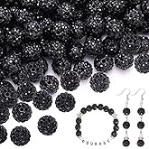 100 pcs 10mm Rhinestone Beads for Jewelry Making, Black Shiny Round Shamballa Disco Beads Bulk, Sparkle Crystal Clay Christmas for Bracelet Baseball Necklace Earring Crafting and DIY
