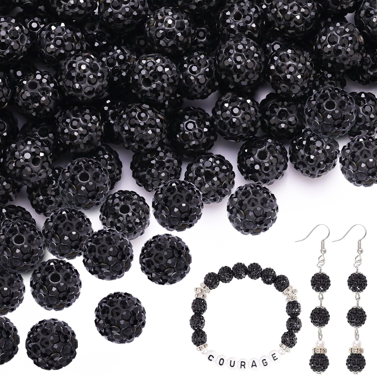 Photo 1 of 100 pcs 10mm Rhinestone Beads for Jewelry Making, Black Shiny Round Shamballa Disco Beads Bulk, Sparkle Crystal Clay Christmas for Bracelet Baseball Necklace Earring Crafting and DIY