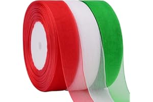 Hapeper 3 Rolls 1 Inch Sheer Organza Chiffon Christmas Ribbon for Christmas Tree, Gift Wrapping, Room Decoration, 50 Yards/Roll(Red, White, Green)