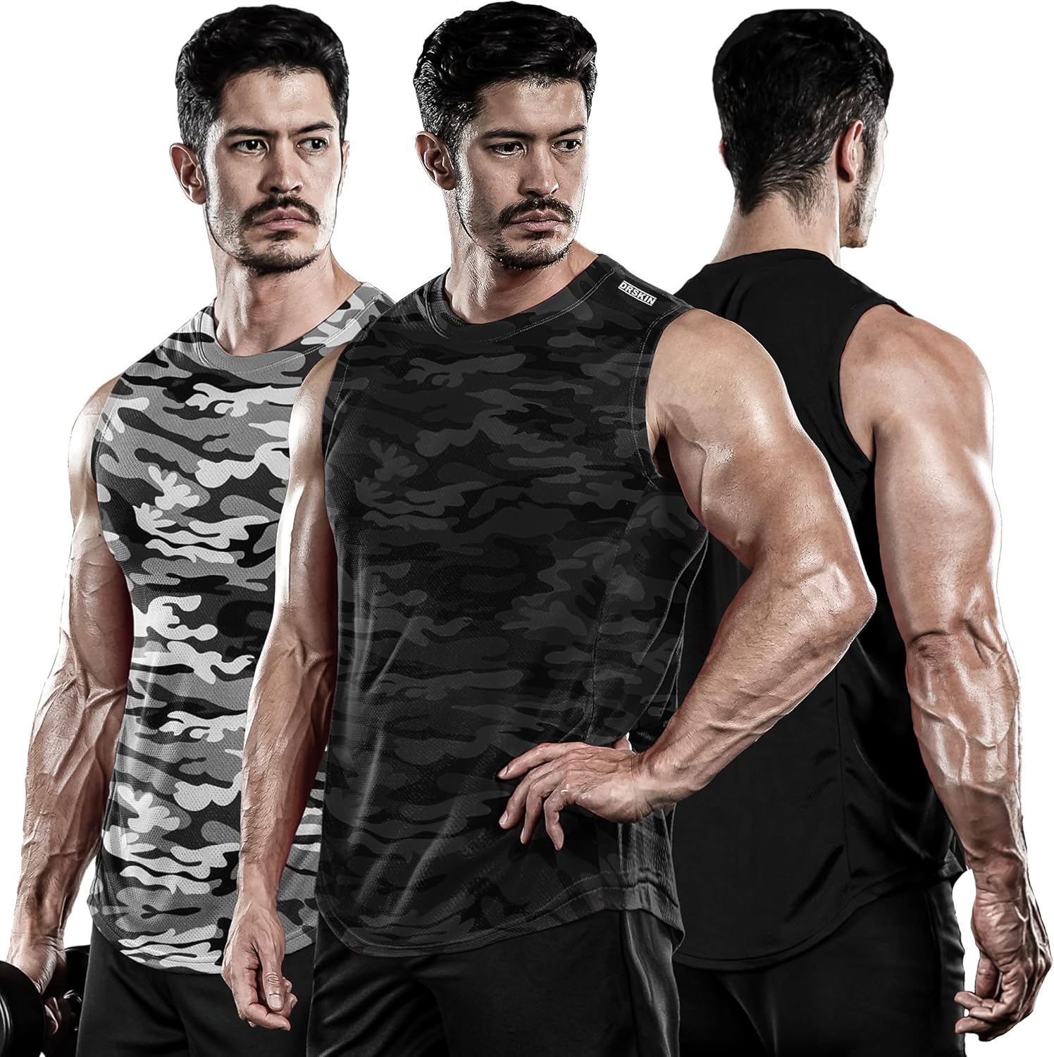 DRSKIN Men's 3 Pack Dry Fit Muscle Tank Tops Mesh Sleeveless Gym Bodybuilding Training Athletic Workout Cool Shirts: Clothing