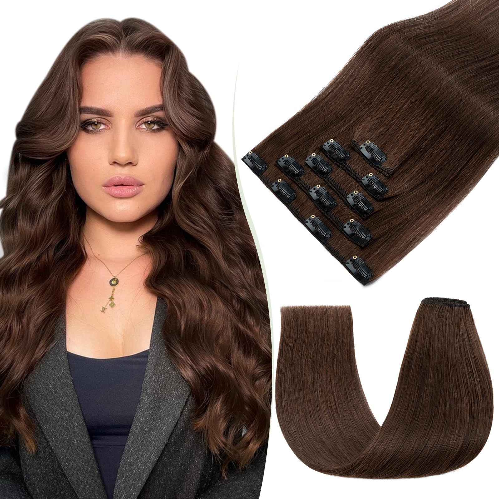 TESS Human Hair Extensions Clip in Real Hair Brown Remy 5 Pieces Straight Natural Hairpieces for Women/Girls (#04 Medium Brown, 20 Inch 70g) — image 1