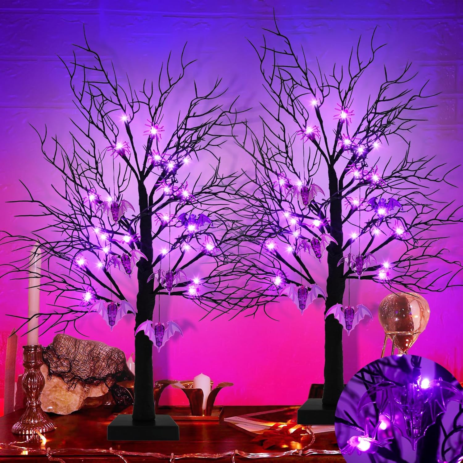 Trees - Agusbagli 2 Pack 24 Inch Black Halloween Tree Decor with Timer, Twigs Tree with 24 Purple Lights DIY 12 Spiders & 6 Bats Battery Operated Tabletop Artificial Spooky Tree Halloween Decorations for Home