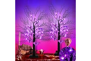 Agusbagli 2 Pack 24 Inch Black Halloween Tree Decor with Timer, Twigs Tree with 24 Purple Lights DIY 12 Spiders & 6 Bats Battery Operated Tabletop Artificial Spooky Tree Halloween Decorations for Home