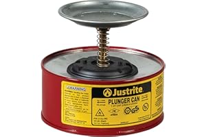 Justrite Plunger Can for Solvents, 1 Quart Capacity, 5.6" x 7.25" Steel Push-Down Solvent Dispenser Can, Made in the USA Industrial Mechanic Tools, Red, 10108