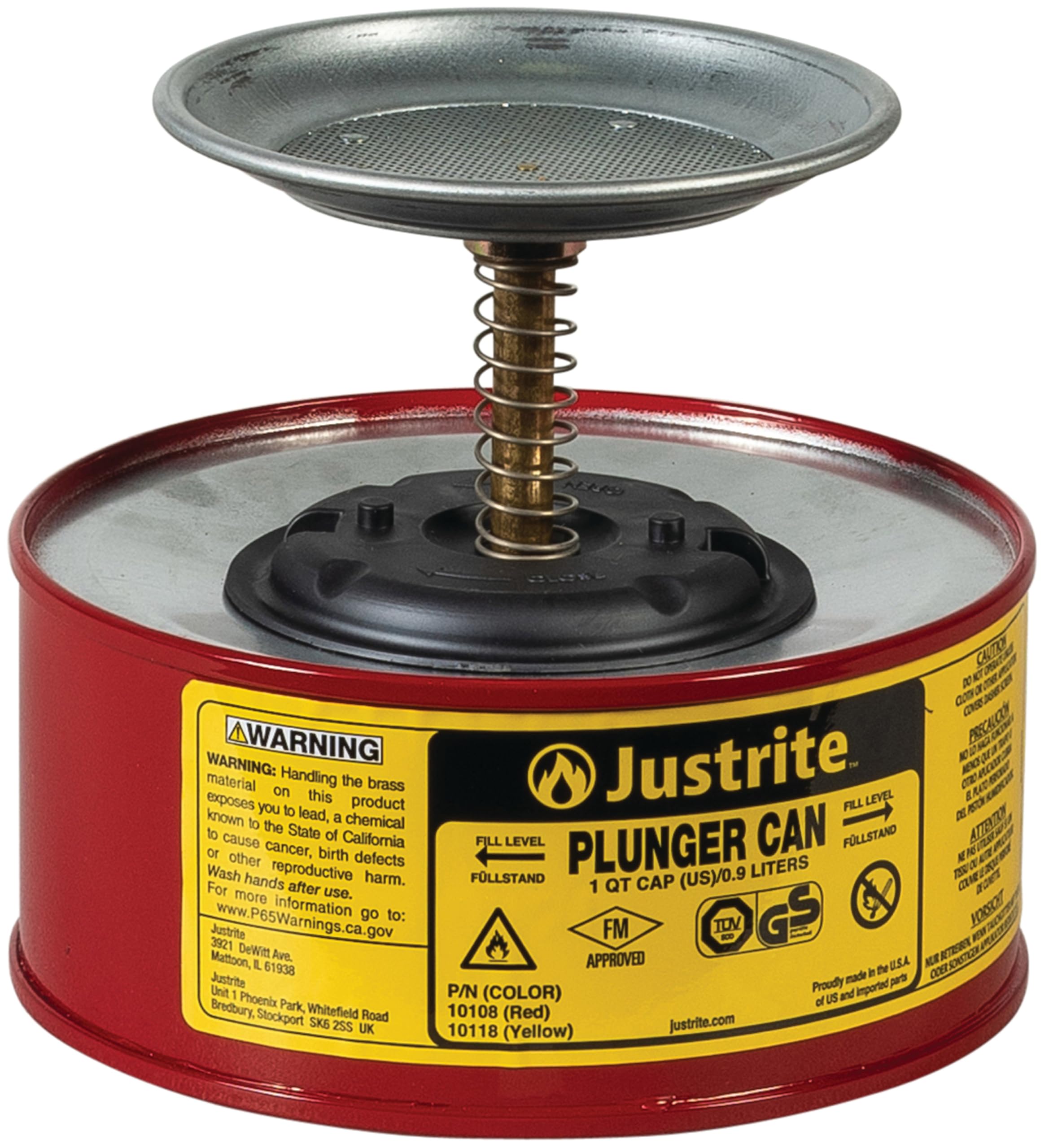 Justrite 10108 Steel Plunger Safety Can with Brass and Ryton Pump Assembly, 1 L Capacity, 7-1/4" OD x 5-7/8" H, Red