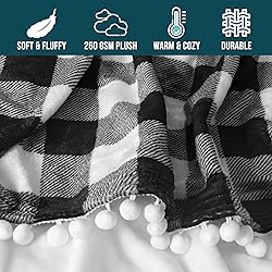 PAVILIA Black White Buffalo Plaid Throw Blanket Pom