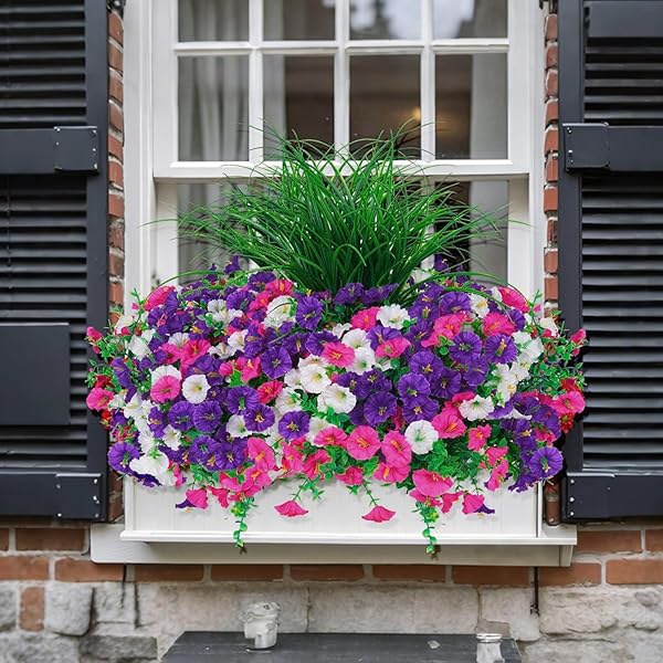 INQCMY ARTIFICIAL FLOWERS FOR OUTDOORS, 12 BUNDLES UV RESISTANT FAKE MORNING GLORY AND 2 BUNDLES GREENERY GRASS, SILK FAUX PLANTS FOR GARDEN PORCH PATIO HOME DECOR