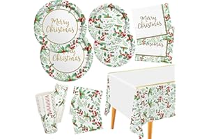 GATHERFUN Christmas Party Supplies, Christmas Seasonal Holly Tableware Includes: Paper Dinner Plates, Dessert Plates, Luncheon Napkins and Beverage napkins, Great for Party Decorations (25 SET)