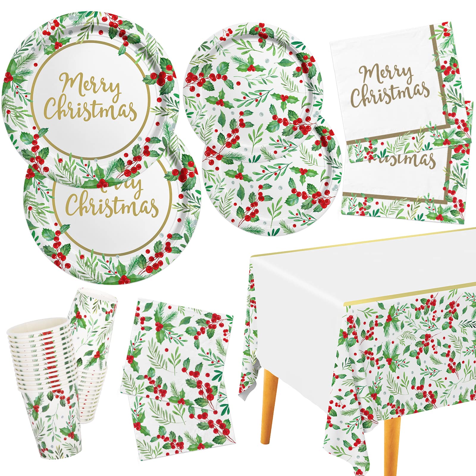Photo 1 of Christmas Party Supplies, Christmas Seasonal Holly Tableware Includes: Paper Dinner Plates, Dessert Plates, Luncheon Napkins and Beverage napkins, Great for Party Decorations (25 SET)