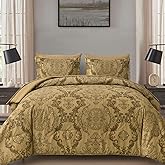 WONGS BEDDING Gold Comforter Set King Size, Damask Texture Design 7 Pieces Bed in a Bag Microfiber Comforter Bedding Sets -1 Comforter, 1 Flat Sheet, 1 Fitted Sheet, 2 Pillow Shams,2 Pillowcases