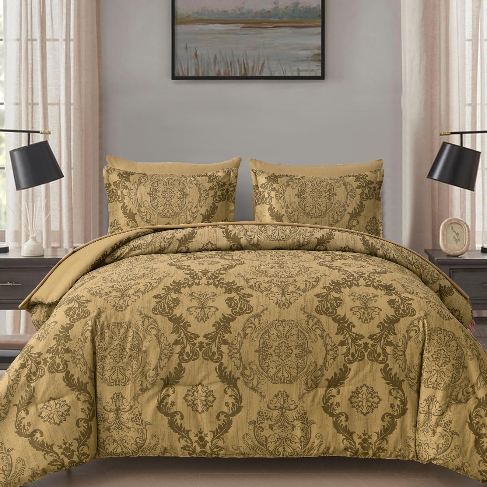 Photo 1 of WONGS BEDDING Gold Comforter Set Queen Size, Damask Texture Design 7 Pieces Bed in a Bag Microfiber Comforter Bedding Sets -1 Comforter, 1 Flat Sheet, 1 Fitted Sheet, 2 Pillow Shams, 2 Pillowcases