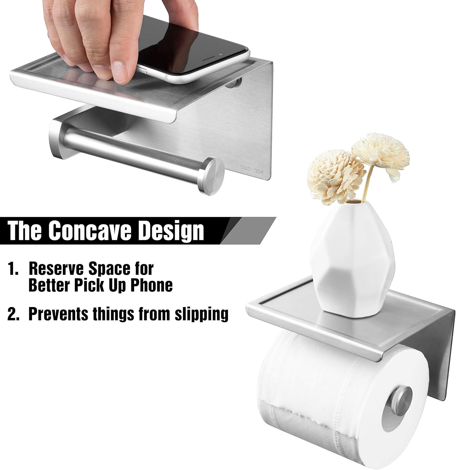 Polarduck Toilet Roll Holder, Self Adhesive Toilet Paper Roll Holder with Shelf, Wall Mounted Without Drilling, Polished Stainless Steel: Home & Kitchen
