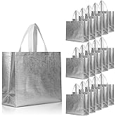 cabzymx 16 Pcs Glossy Silver Reusable Gift Bags, Metallic Bling Design Holiday Gift Bag with Handles & Bases, Non-woven Goodie Bags Bulk for Birthday, Wedding, Parties, Graduation- 12.6x4.7x11 In