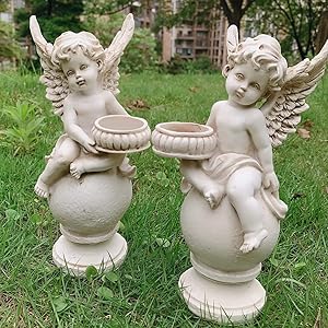 OwMell Set of 2 Cherubs Angels Statue Candle Holder, 9.5 Inch Weathered Antique Resin Angels Garden Statue Figurine for Indoor Outdoor Patio Garden Decorations