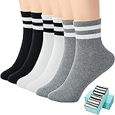 SISOSOCK Quarter Crew Cotton Socks for Women Striped Athletic Casual Breathable Socks 6-10 Pairs with Gifts Box
