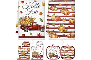 Qinyoung 6 Pcs Hello Fall Kitchen Towels and Oven Mitt Sets Pumpkin Pot Holders and Oven Mitts Truck Dish Towels Maple Leaf Pot Holders Cooking Accessories for Thanksgiving Autumn Kitchen Baking Decor
