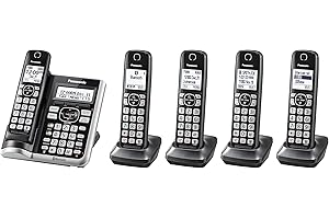 Panasonic Link2Cell Bluetooth Cordless Phone System with Voice Assistant, Call Block and Answering Machine, Expandable Home Phone with 5 Handsets â€“ KX-TGF575S (Black with Silver Trim)
