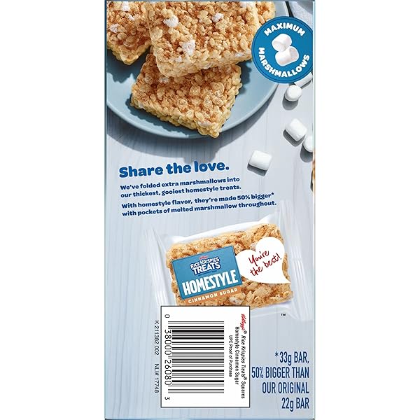 RICE KRISPIES TREATS HOMESTYLE MARSHMALLOW SNACK BARS, KIDS SNACKS, LUNCH SNACKS, CINNAMON SUGAR FLAVOR, 6.98OZ BOX (6 BARS)