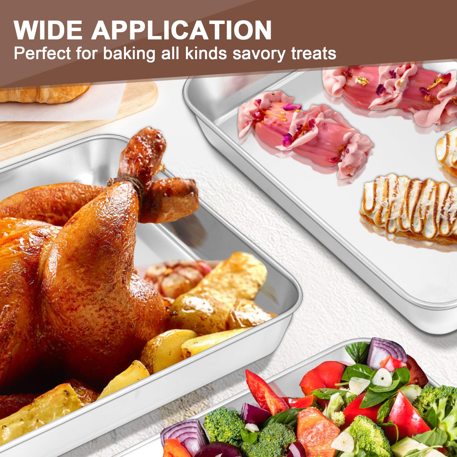 Baking Pans Set of 3, Commercial Grade Stainless Steel Cookie Pan for Baking, 12/10/9 Inch, Rectangle Bakeware Set for Cakes Breads Lasagna Casseroles, Rust & Warp Resistant & Nonstick, Heavy Duty