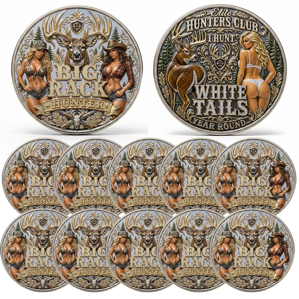 Elite Hunters Club “White Tails” Coin, Double Sided Hunting Coin | 3D Metal Badge With Humorous "Big Rack" Deer Design, Gag K
