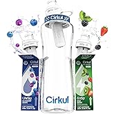 Cirkul 32oz. BPA-Free Plastic Water Bottle Starter Kit with Navy Lid, 2 Flavor Cartridges (1 LifeSip Blueberry Grape, 1 GoSip Kiwi Berry) No Sugar, Zero Calorie Drink Mix