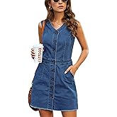 luvamia Women's Casual V Neck Sleeveless Jeans Button Down Denim Short Dress