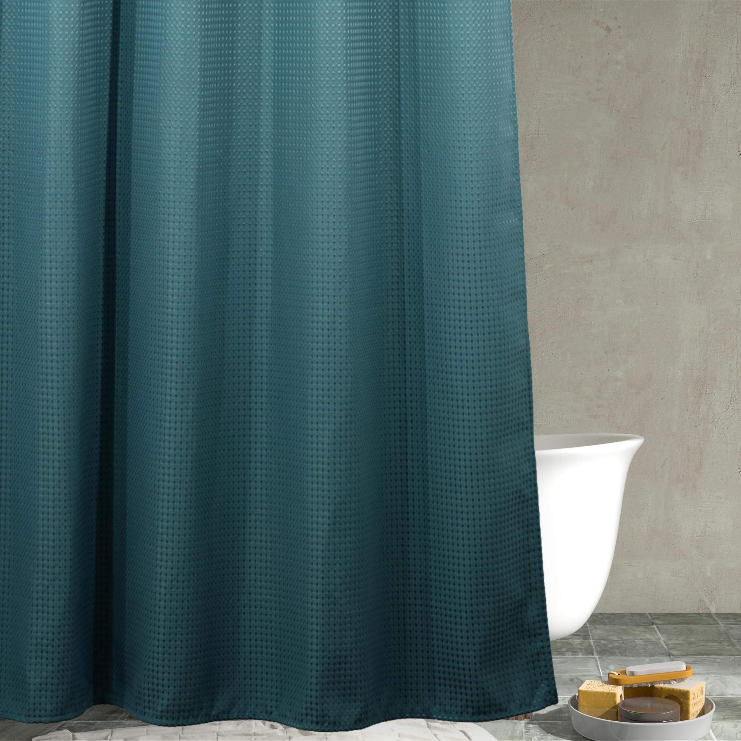 Teal Green Waffle Shower Curtain: Heavy Duty Textured Fabric Shower Curtain for Bathroom - Water Repellent Washable Thick Polyester Cloth Bath Curtain - 183 x 183 cm Drop