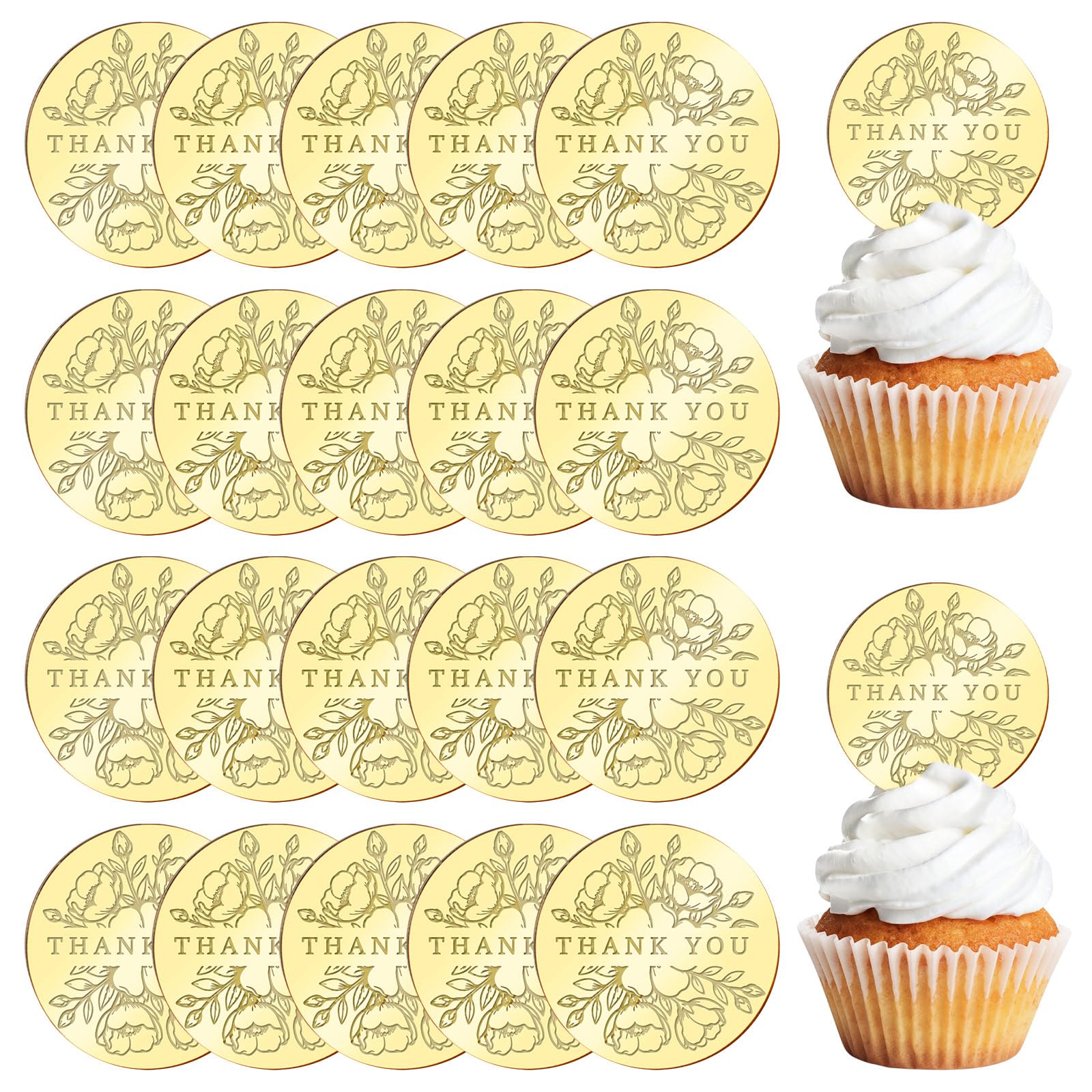 URROMA 20Pcs Thank You Cupcake Toppers, Round Gold Floral Mirror Acrylic Cake Topper Birthday Cake Disc Chrams for Cake Decortion Wedding Party Supplies