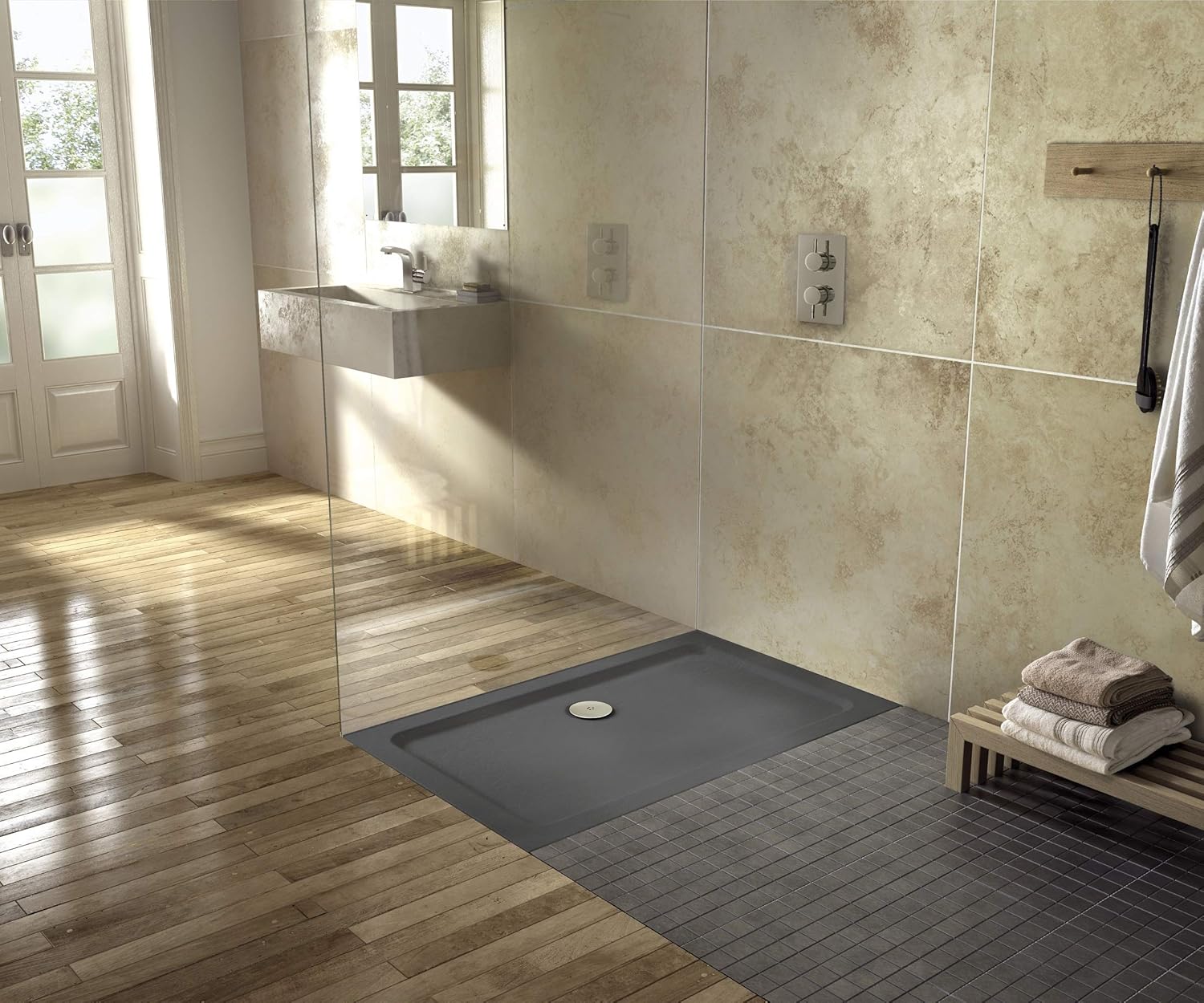 Nuie TR71017 Modern Bathroom Rectangular Slimline Pearlstone Shower